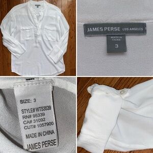 James PERSE $195 Roll Sleeve Mandarin Collar White Womens Blouse sz 3 EUC
